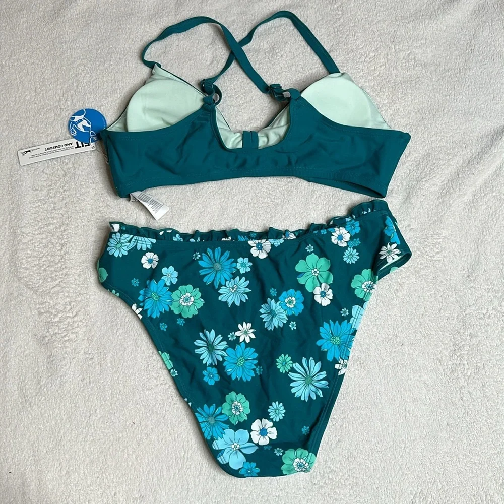 Teal bikini‎ with floral ruffle bottoms Sz Large NEW WITH TAGS!